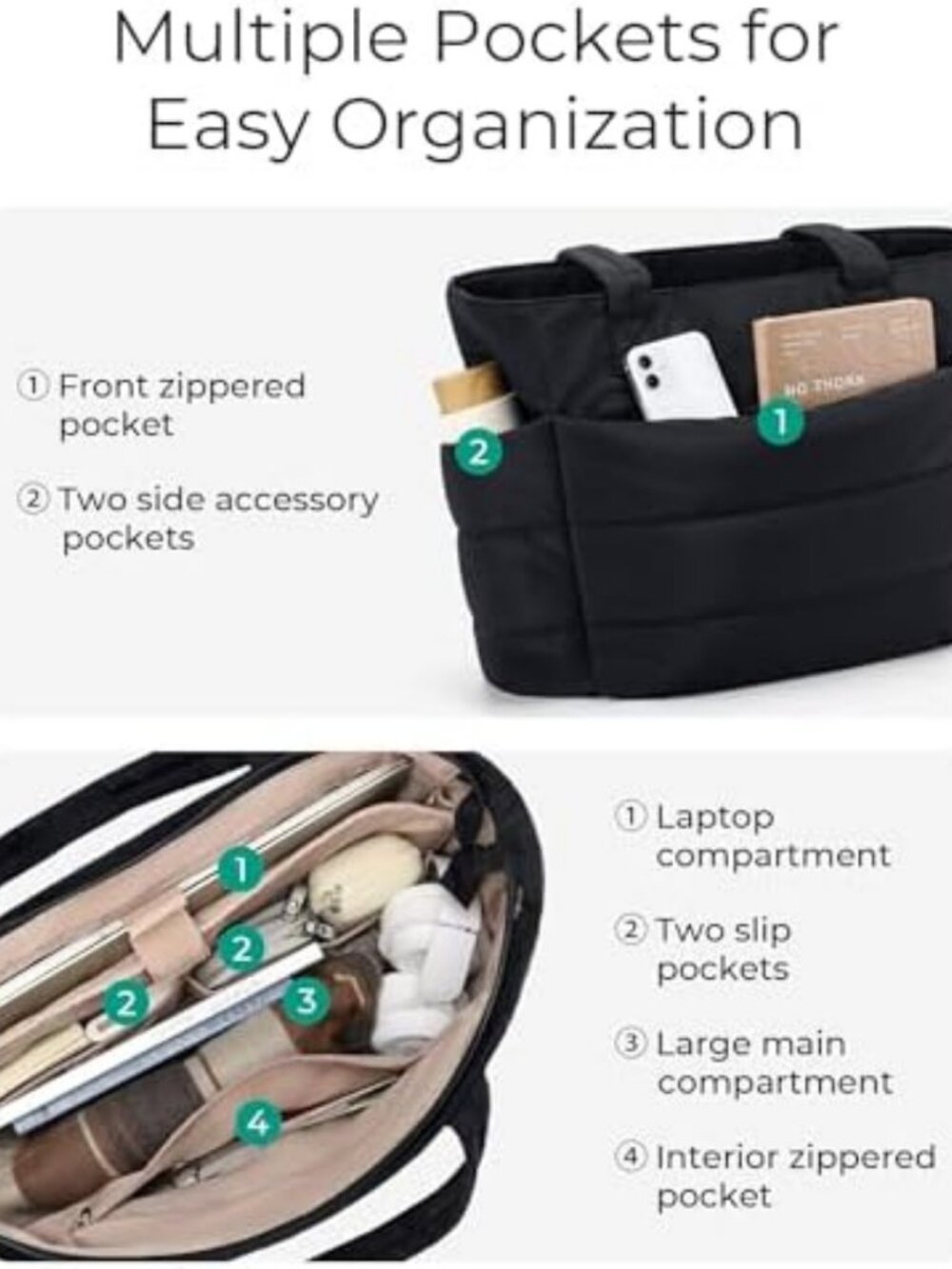 Lightweight Puffy Tote Bag for Women, Stylish Work Handbag, Versatile & Spacious - Picture 4 of 6